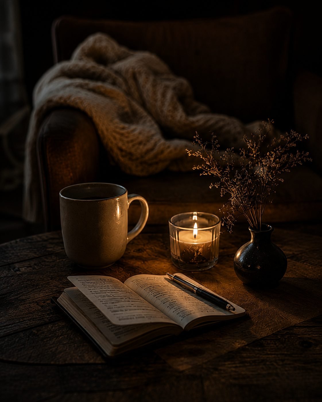 A candlelit evening scene with an open Bible and pen beside a warm blanket