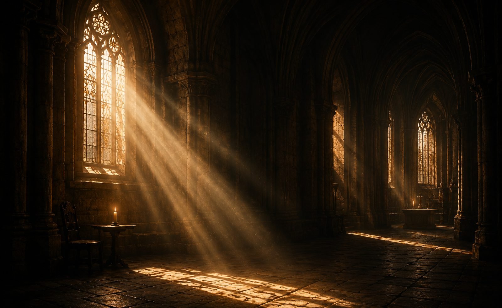 A shaft of golden light falling through a cathedral window across stone floor