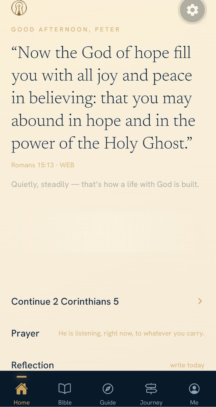 Unstuck Faith home screen — the day's verse from Romans 15:13, with prayer and reflection waiting below