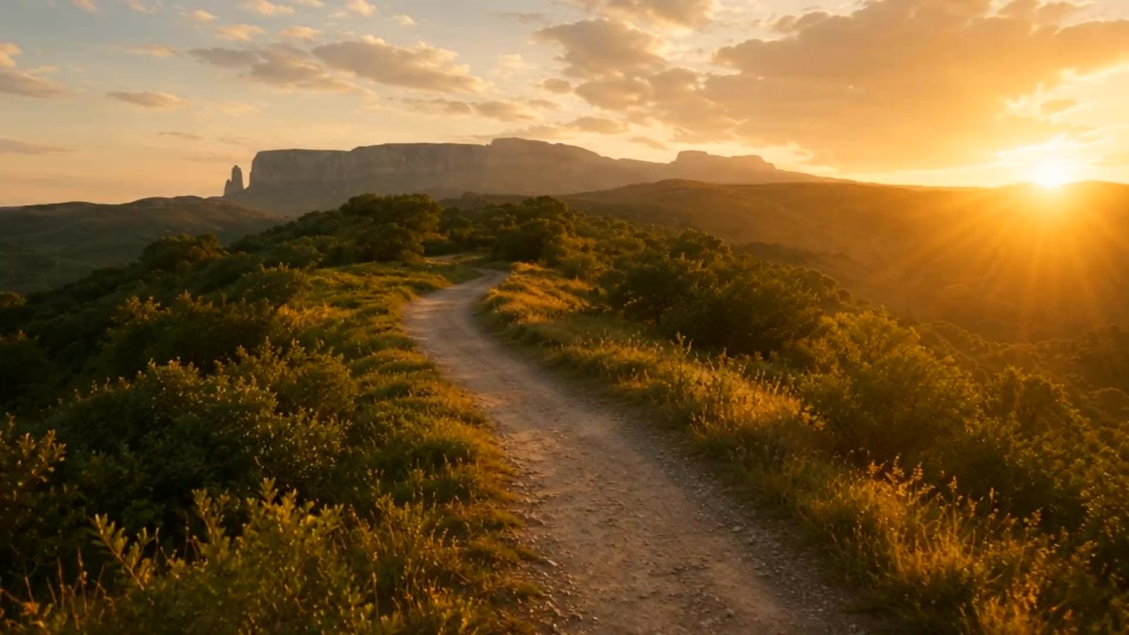 The path continuing forward, later in the day — the journey continues.
